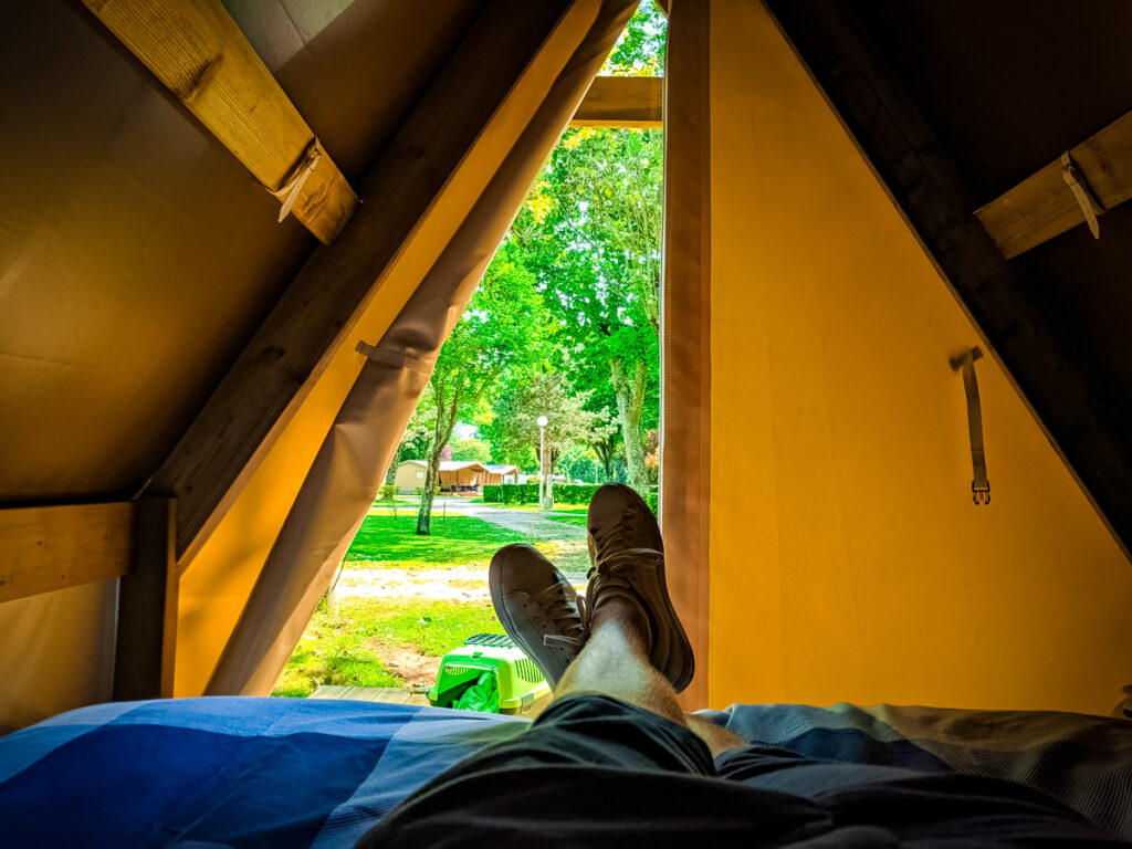 view from the inside of our tente randonneur at Camping des Ribières