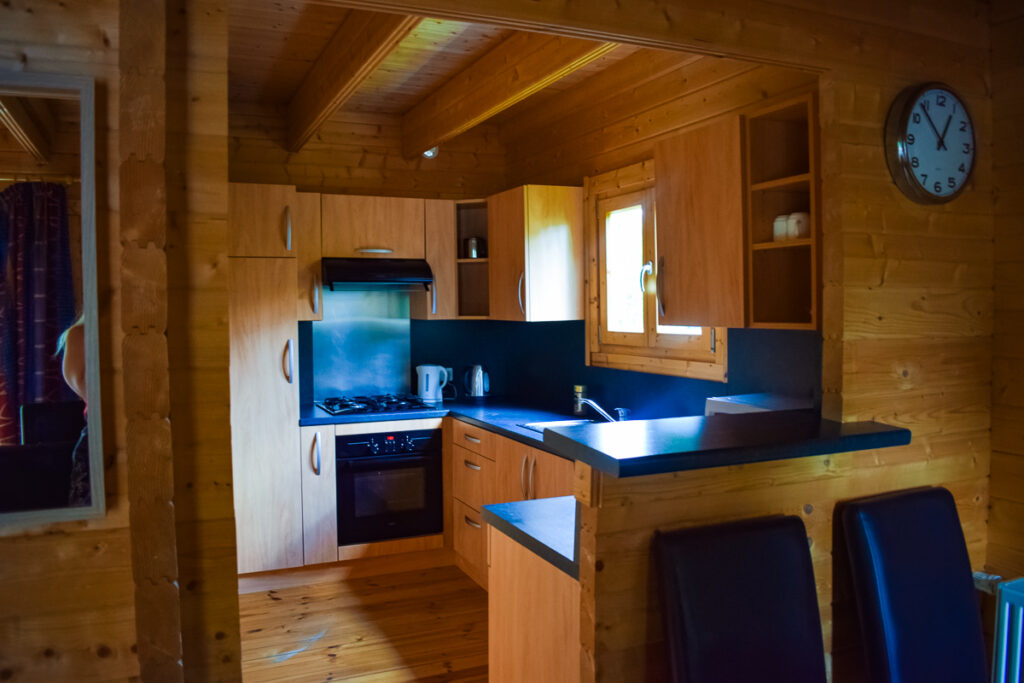 Kitchen in our eurocamp 4 bedroom wooden villa lodge at la croix du vieux pont