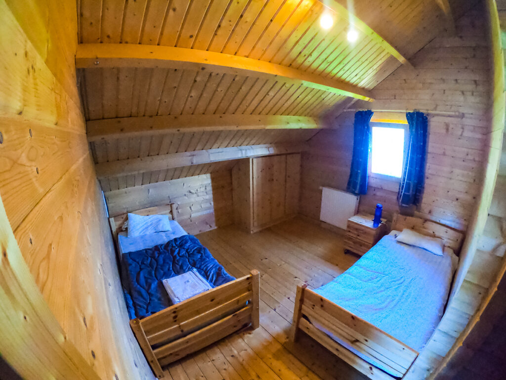 Twin room photo using go pro camera fish eye lens in the 4 bedroom wooden lodge at la croix du vieux pont berny riviere