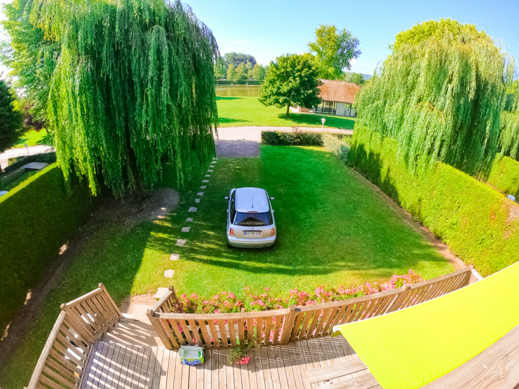 Go pro image from the top balcony of the outdoor space in our 4 bedroom villa lodge with eurocamp at la croix du vieux pont berny riviere