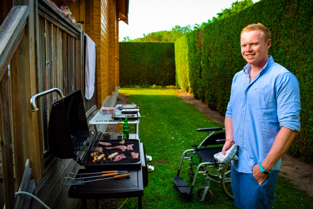 Mike cooking the bbq outsiede the 4 bed villa lodge on our holiday at La Croix du vieux pont berny riviere france (35)