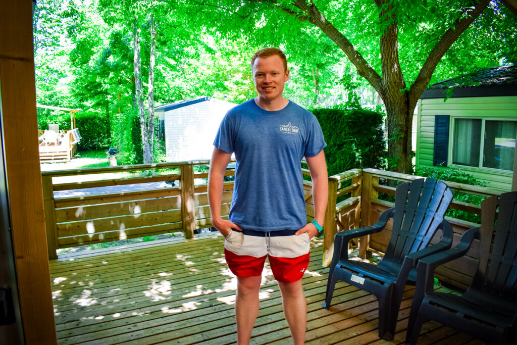 Mike demonstrating suitable swimwear at Sequoia Parc swimming pool