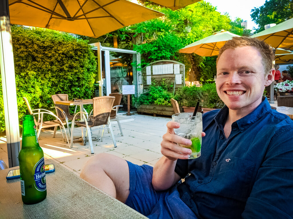 Mike drinking at the Sequoia Park bar