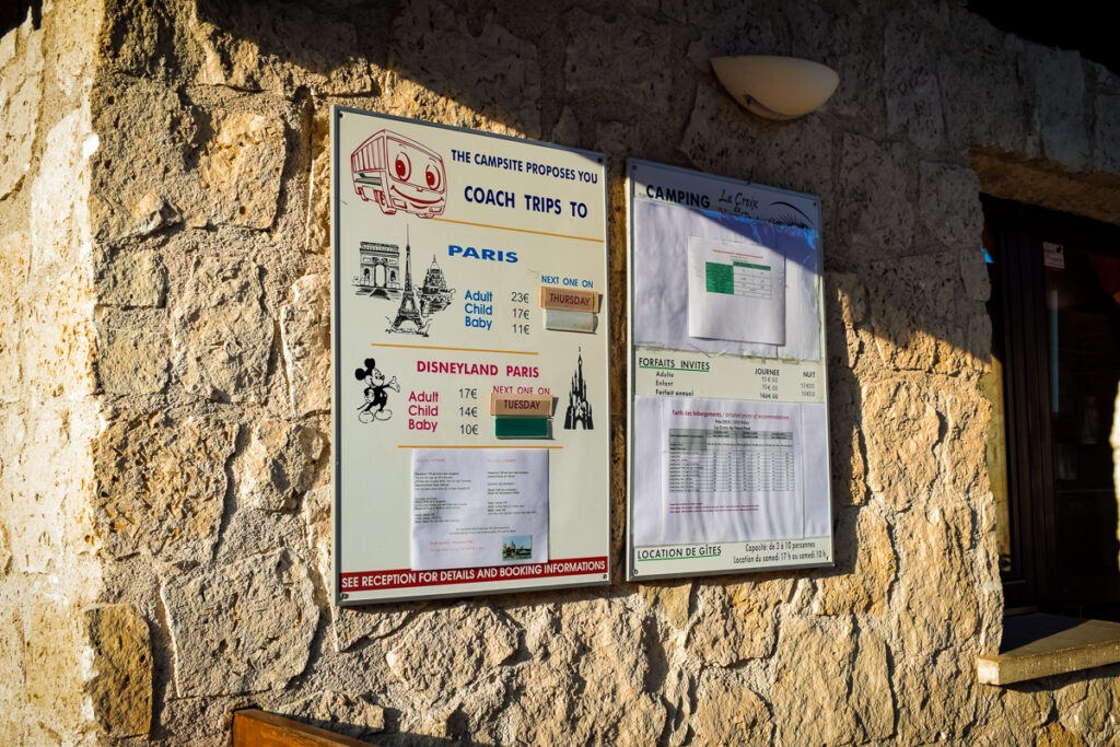 The information on the paris and disneyland paris trips outside the main campsite reception of La Croix du vieux pont berny riviere france (15)