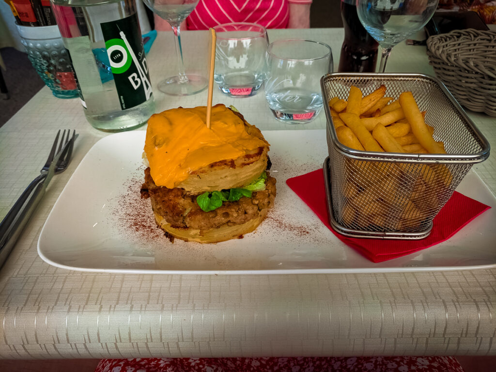 potato burger main course at the on site restaurant of La Croix du vieux pont berny riviere france (53)