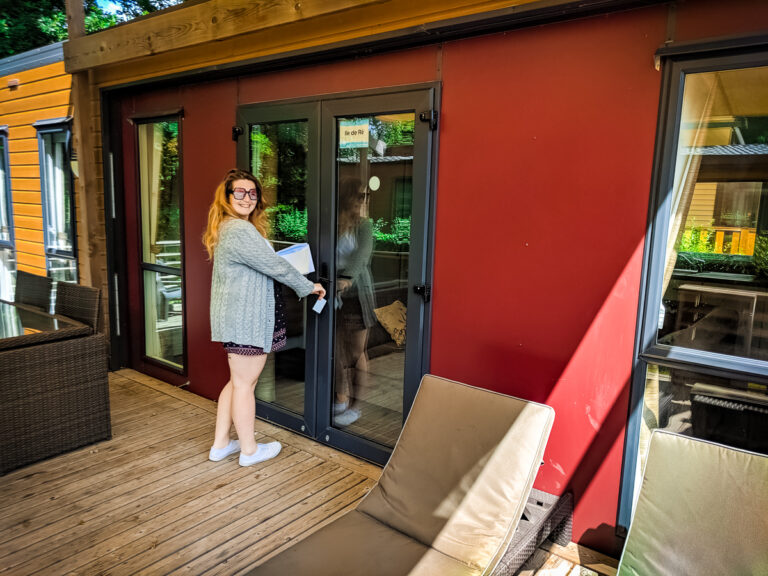 Breanne on the decking of an Ultimate mobile home at La Garangeoire