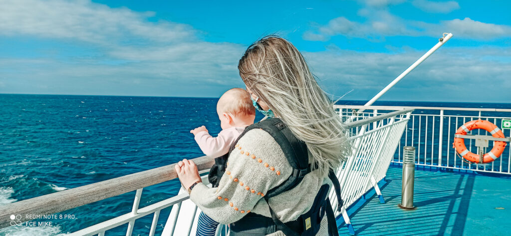 Breanne and baby on board Brittany Ferries Post Lock Down Looking Out To Sea from the deck