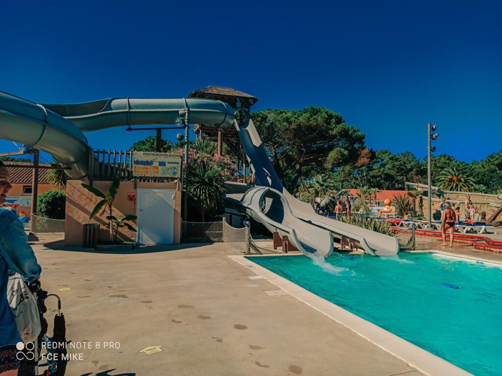 Slides at The pool area at camping le vieux port by Resasol in Messanges, Landes department, France