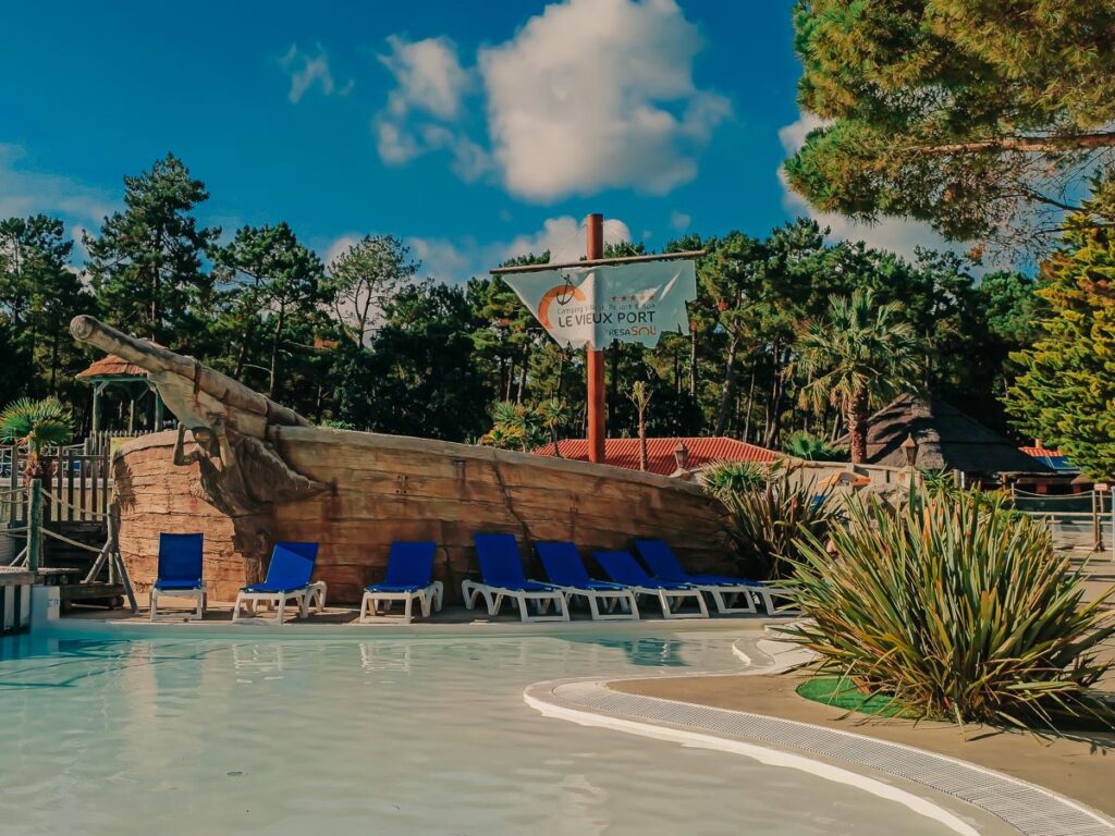 The Pirate ship at The pool area at camping le vieux port by Resasol in Messanges, Landes department, France