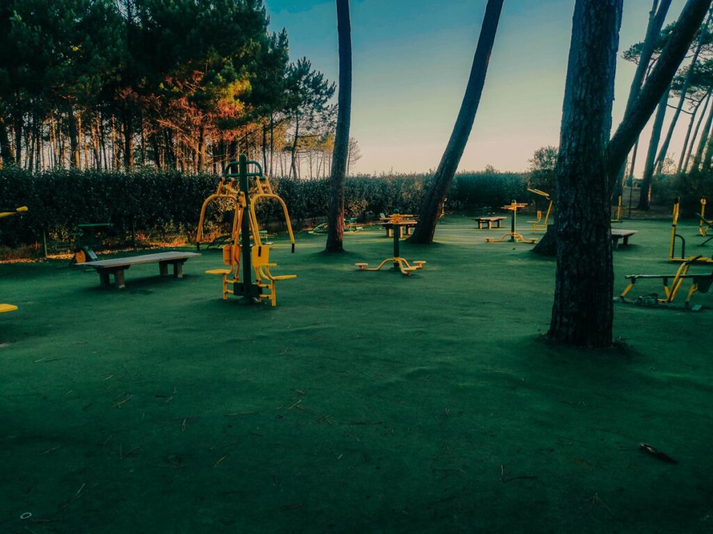 The astroturffed body weight gym equipment at at camping le vieux port by Resasol in Messanges, Landes department, France