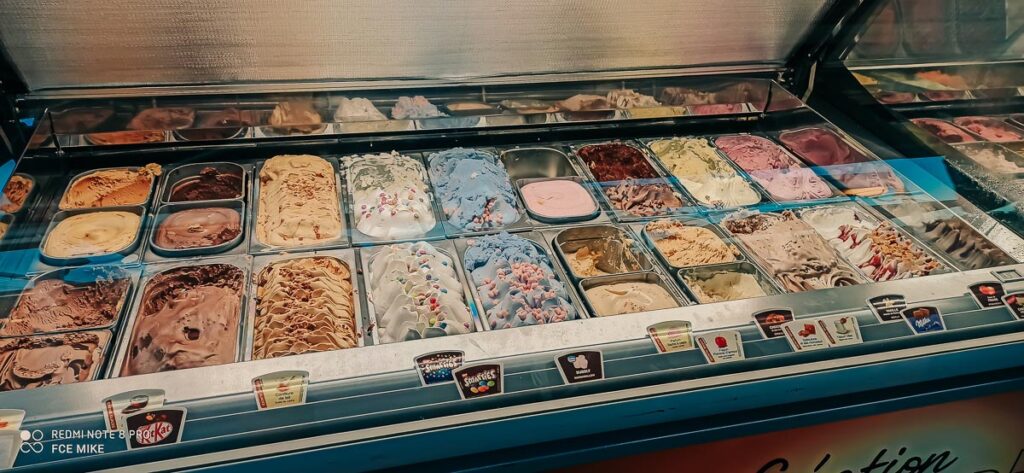 The ice cream stand with lots of different flavours at camping le vieux port by Resasol in Messanges, Landes department, France