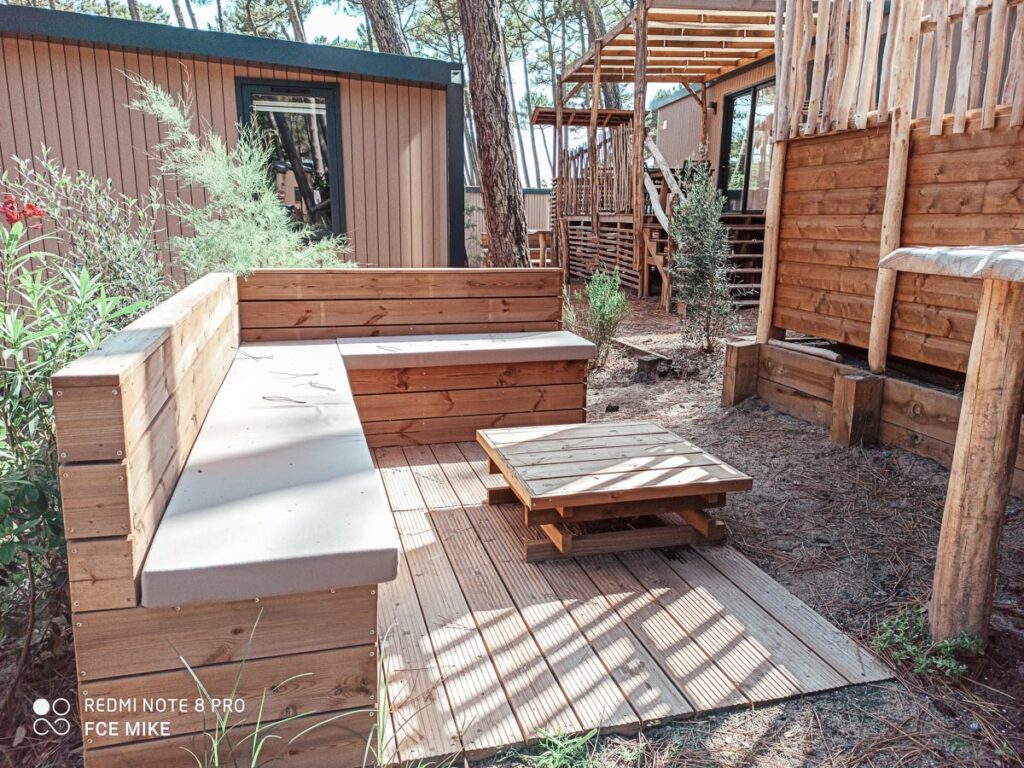 outside seating area in our 4p premium lodge mobile home accommodation at Camping le Vieux Port Landes france