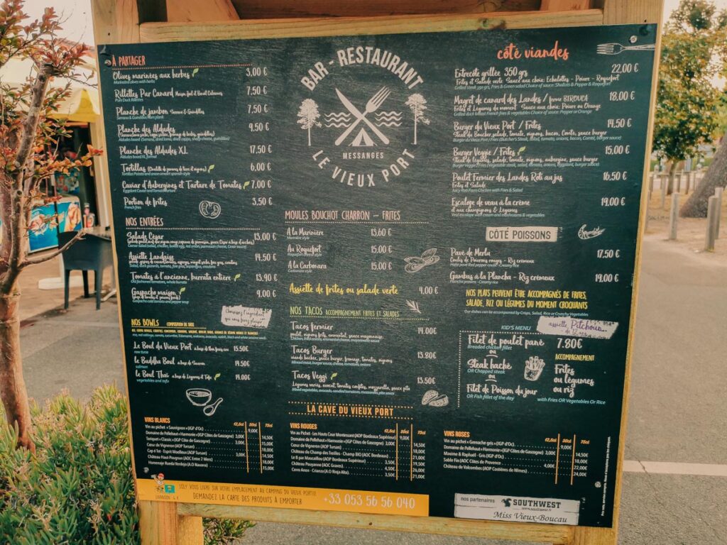 restaurant menu at camping le vieux port by Resasol in Messanges, Landes department, France