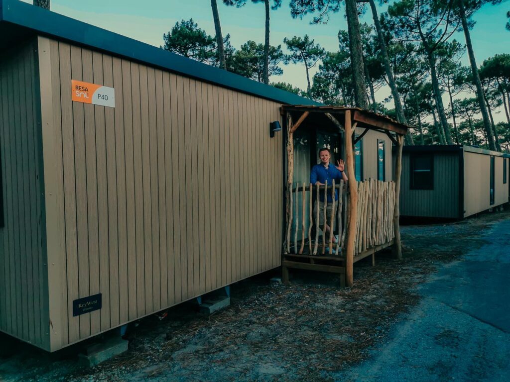 the front of our mobile home with Mike standing outside at camping le vieux port by Resasol in Messanges, Landes department, France