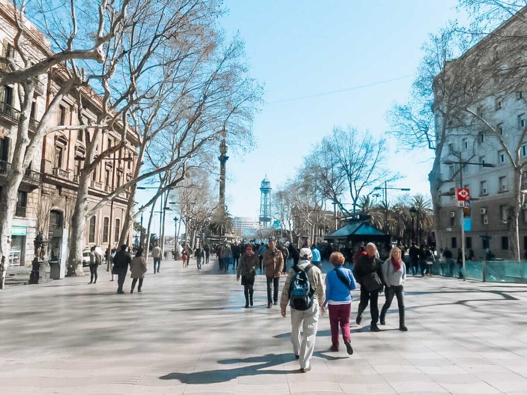 La Rambla in winter with bare trees and no crowds in Barcelona for things to do in barcelona