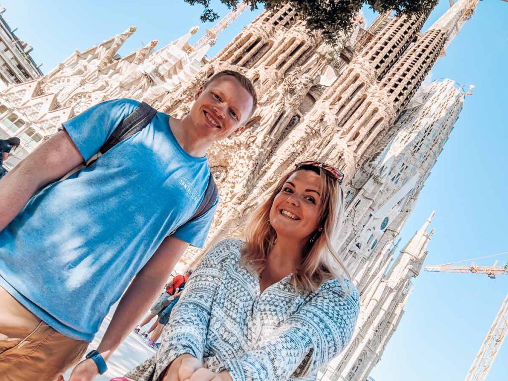 Breanne and Mike at the Sagrada Familia in Barcelona for the things to do in barcelona blog