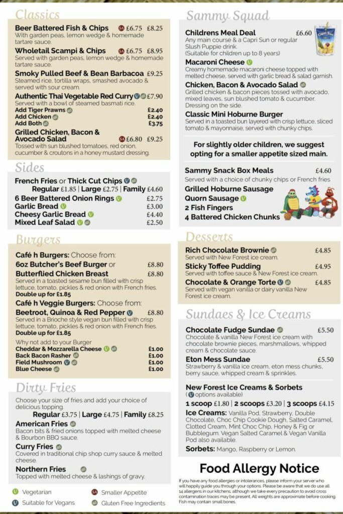 menu for the campsite restaurant at Hoburne bashley holiday park