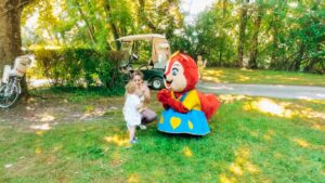 yelloh village mascot squirrel on our pitch at camping la roche posay