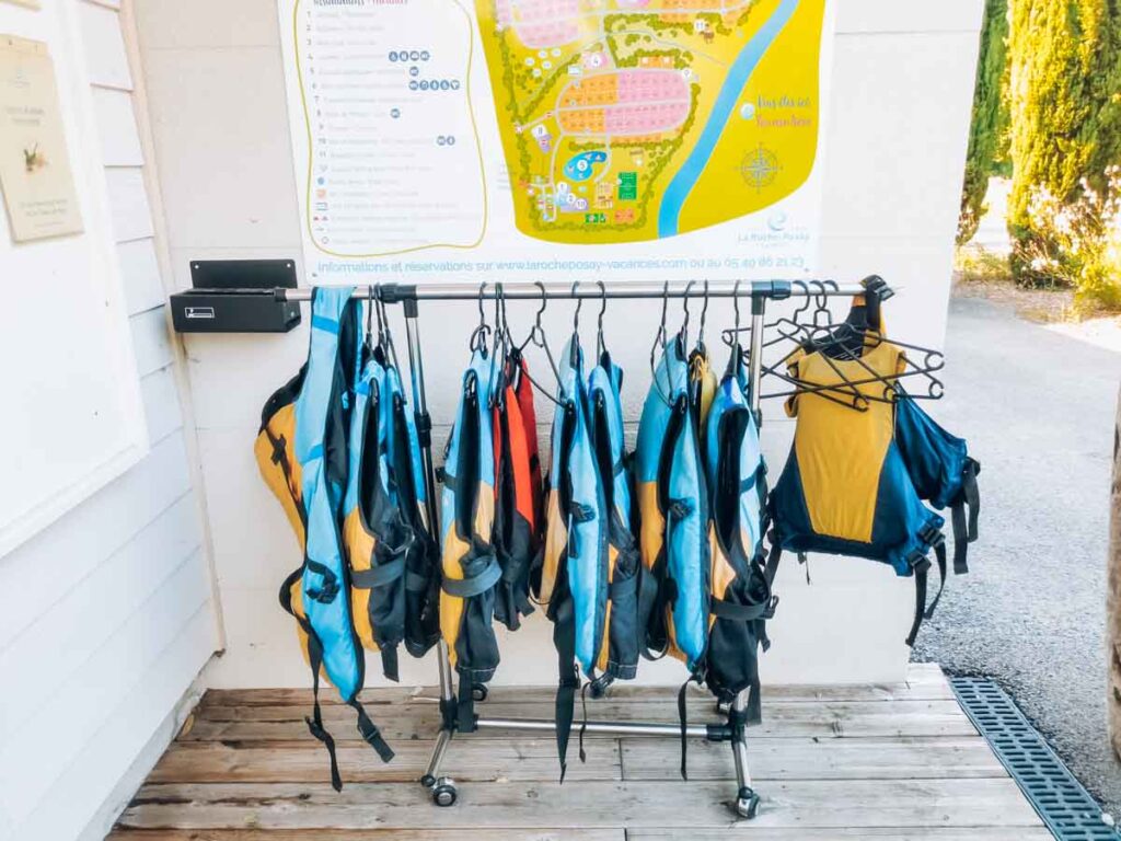 Life jackets outside the campsite main reception at the yelloh village la roche posay