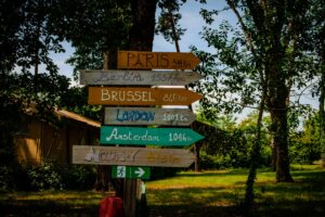 sign post at grand dague featuring distances to many capital cities from the campsite