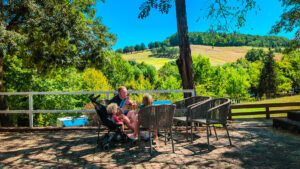countryside scenery whilst sitting outside the tea room terrace of Le Lac des 3 Vallées