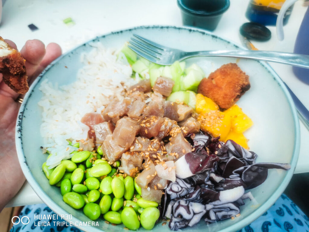 poke bowl at le col vert campsite