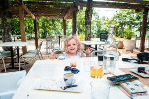 sitting at the restaurant at col vert campsite landes