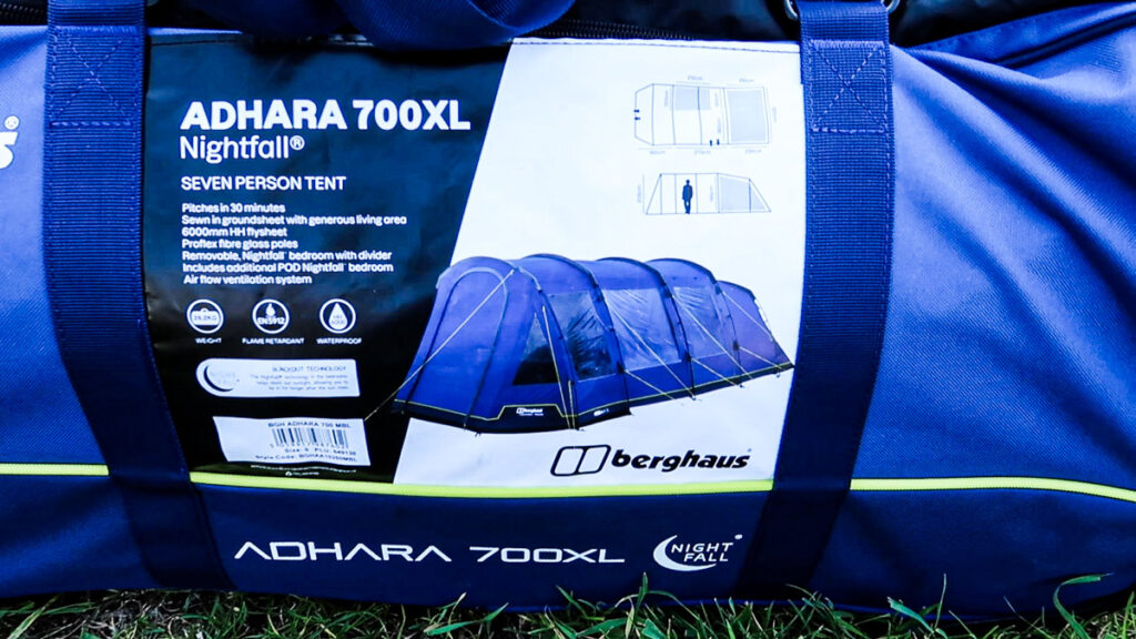 the bag with its labels and instructions of the adhara 700xl poled tent