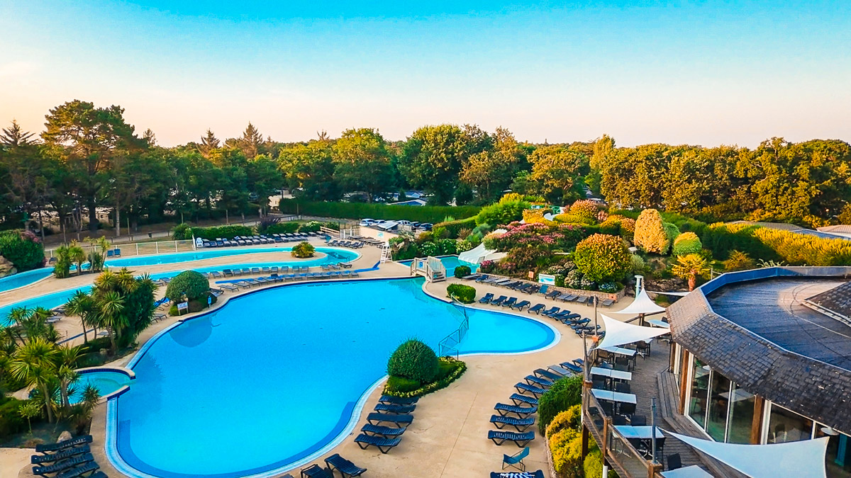 Drone footage of the lagoon pool with Eurocamp At Camping Homair La Grande Metairie