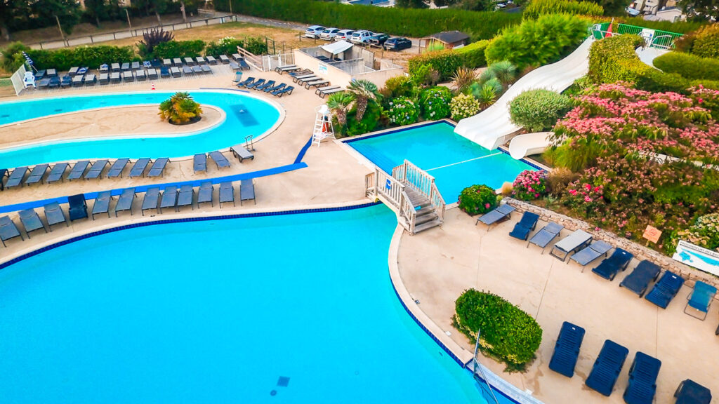 pool area from the drone view in the sky at Eurocamp Camping Homair La Grande Metairie