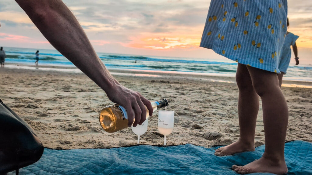 drinking wine on the beach in Hourtin Plage