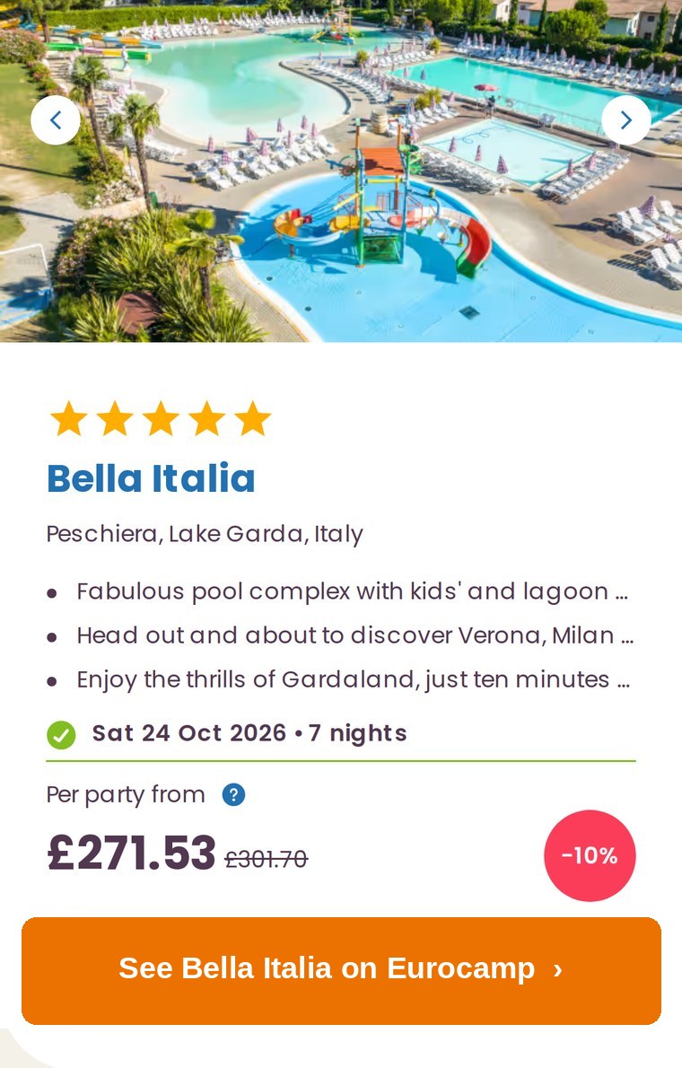 Bella Italia, Peschiera: 7 nights from £271.53 arriving Sat 24 Oct 2026 (Eurocamp October half term offer)