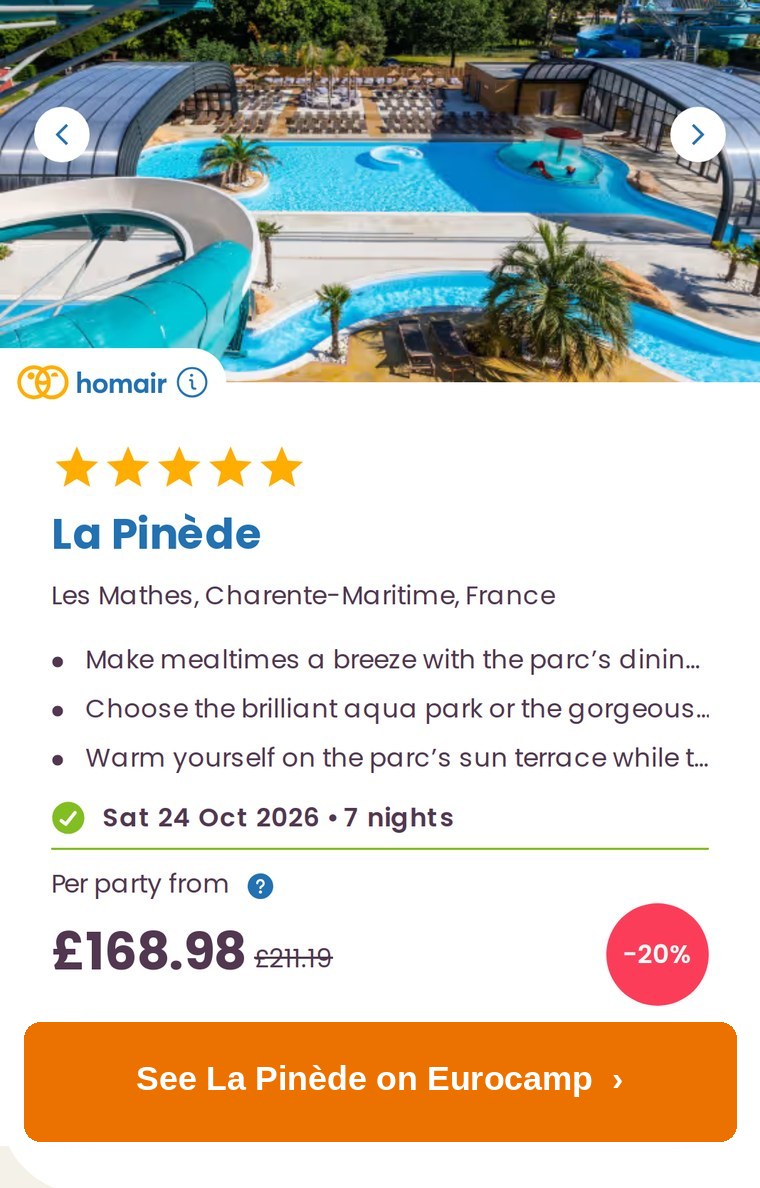 La Pinède, Les Mathes: 7 nights from £168.98 arriving Sat 24 Oct 2026 (Eurocamp October half term offer)