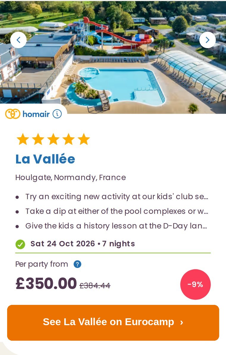 La Vallée, Houlgate: 7 nights from £350.00 arriving Sat 24 Oct 2026 (Eurocamp October half term offer)