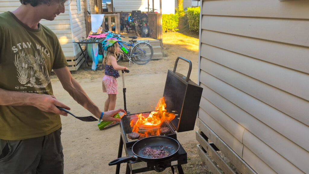 Cooking dinner on the BBQ outside our mobile home