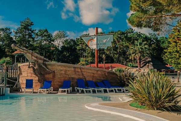 The Pirate ship at The pool area at camping le vieux port by Resasol in Messanges, Landes department, France