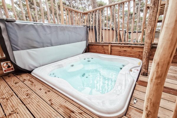 our hottub in our 4p premium lodge mobile home accommodation at Camping le Vieux Port Landes france